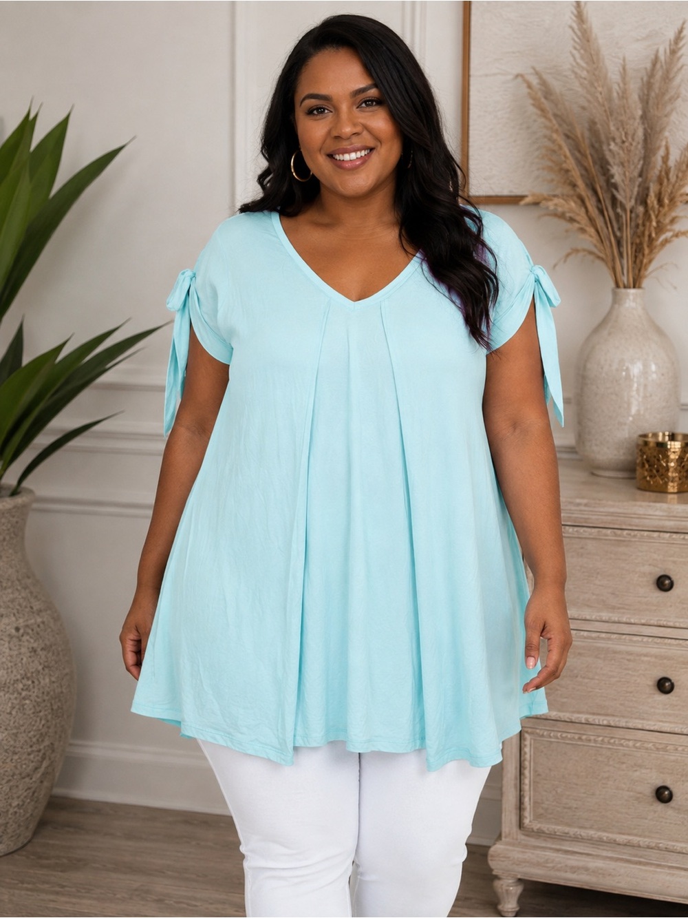 a.n.a Light Aqua V-Neck Tie-Sleeve Tunic Top